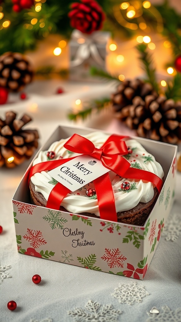 A Christmas cake in a decorative box with a red ribbon and festive tag, surrounded by holiday decorations.